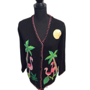 The Quacker Factory 90's Black Cardigan Flamingos Palm Trees Medium M